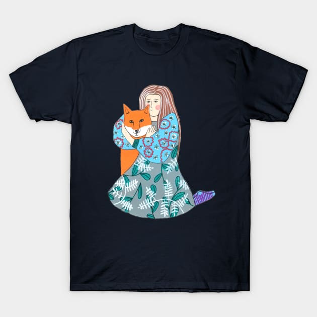 Girl Hugging A Fox T-Shirt by DoodlesAndStuff